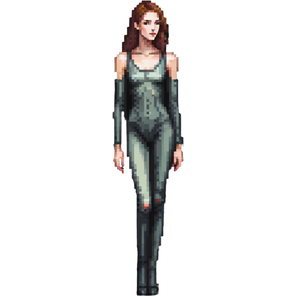 Tall slender woman with elongated arms and legs, sharp angular facial features with high cheekbones and defined jawline emoji