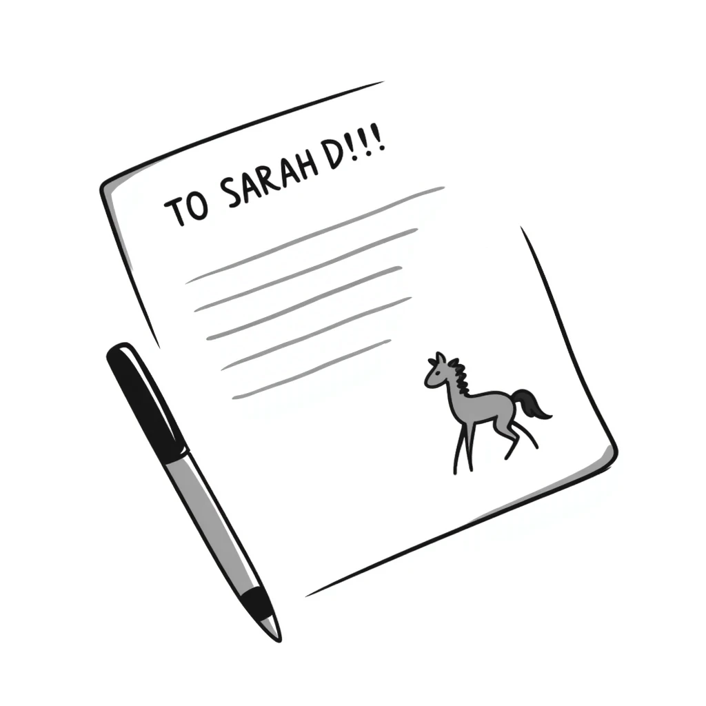 a paper letter with "TO SARAH" text written at the top of the letter, with a pen lying next to it emoji