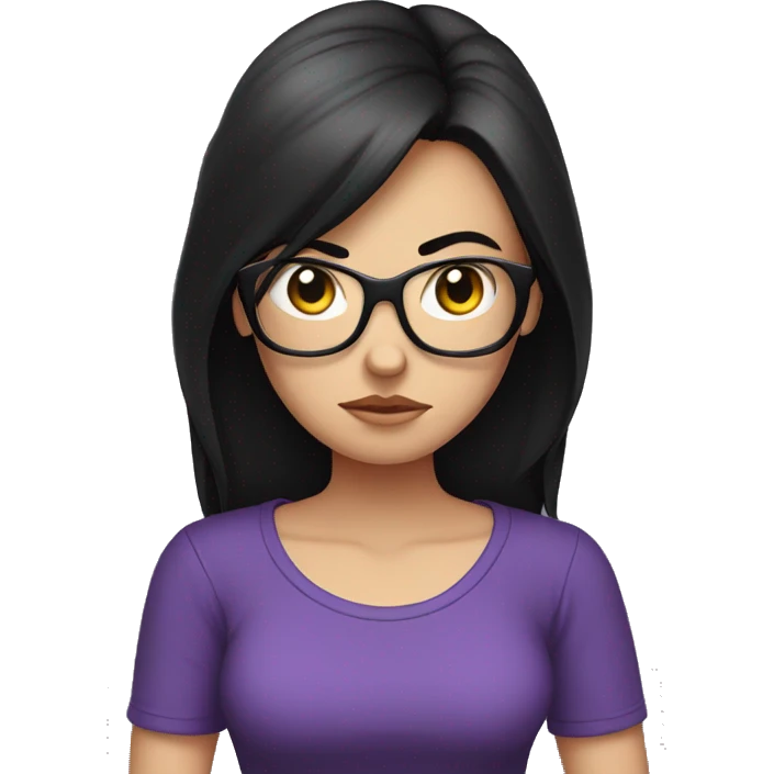 Angry scowling white girl, purple t-shirt, long black hair, wearing glasses, with arms crossed over chest. emoji
