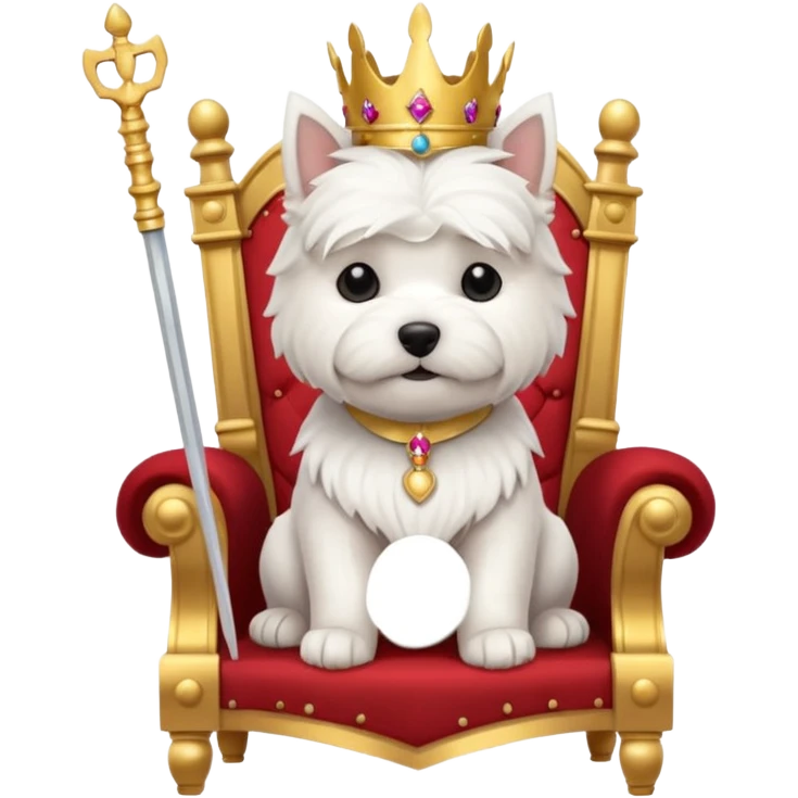 a cute west highland terrier sitting on a throne holding a scepter  emoji