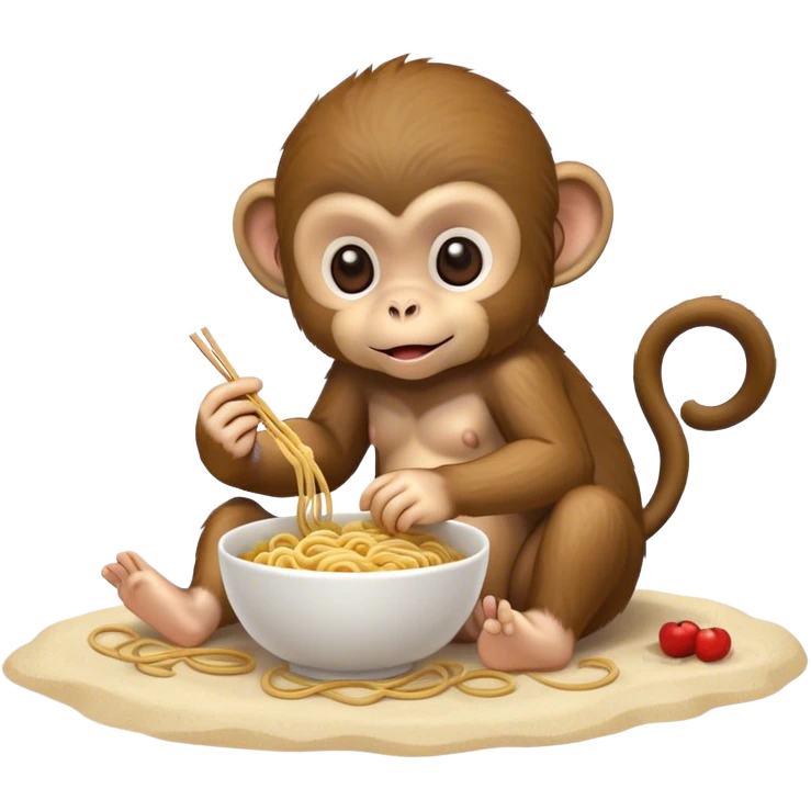 Baby monkey eating noodles on the beach  emoji