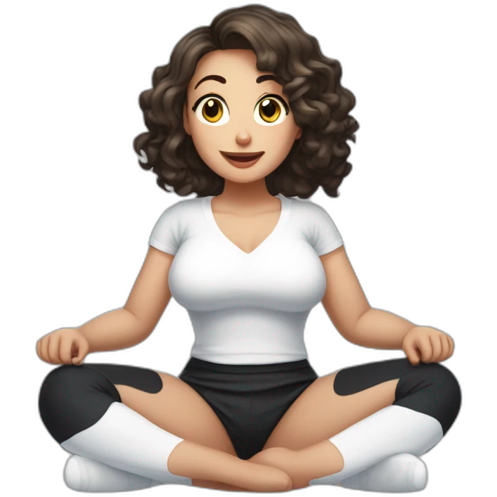 Front view full body curvy caucasian beauty sits on the floor straight hands up black skirt white knickers white socks emoji