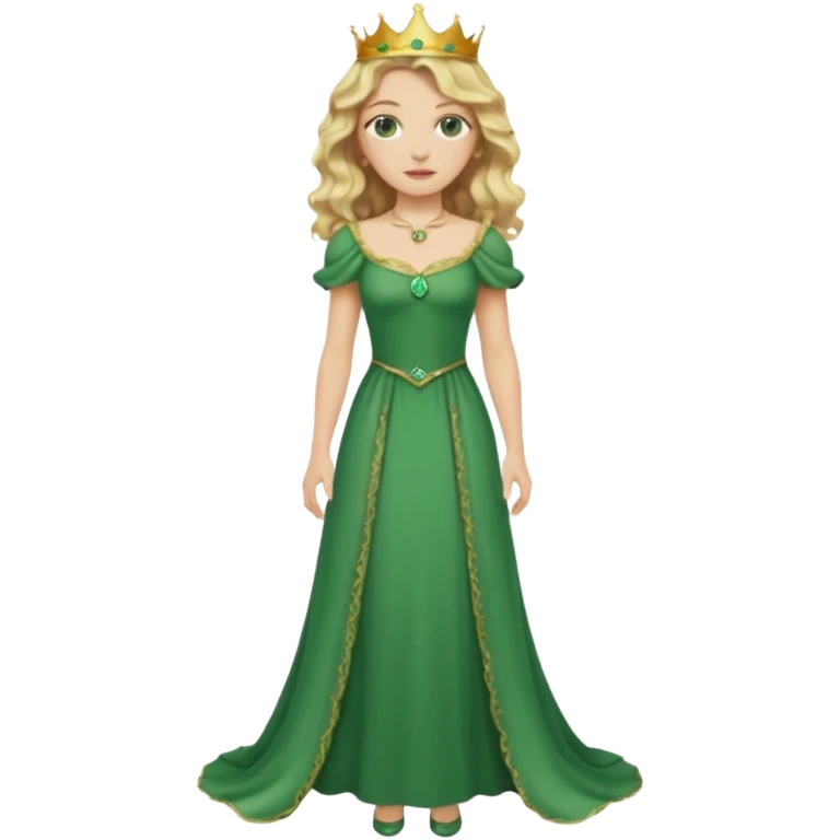 Queen, crown, blonde wavy hair, green eyes, long green narrpw dress, whole Body, emoji