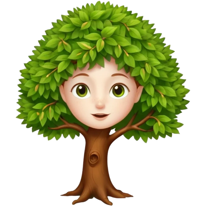 Petit sapin vert sylvestre, féminin, regard malicieux, tâches de rousseurs délicates, joues roses. Yeux de biche brillants en forme amande, yeux couleur ambre, tronc couleur acajou. Sapin en mouvement, incurvé pour un effet vivant. emoji