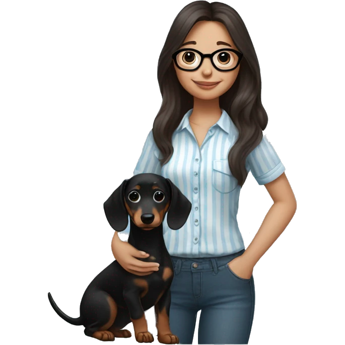 brunette girl with long hair,black glasses a light blue and white shirt with thin vertical stripes, holding a black dachshund puppy in her arms emoji