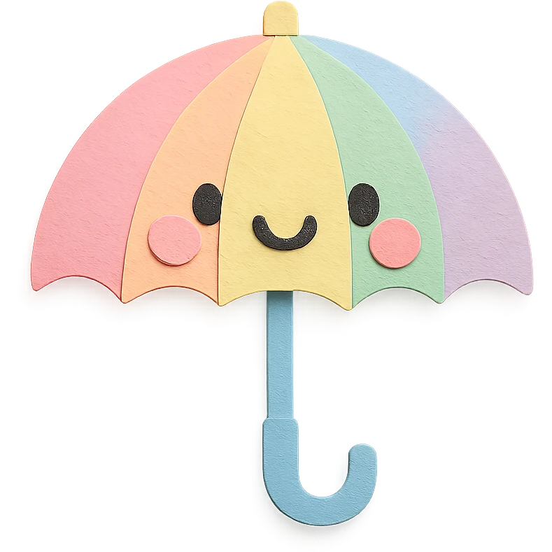 kawaii pastel rainbow umbrella with smiling face, no arms, no legs, full body, soft pastel kawaii paper craft style emoji