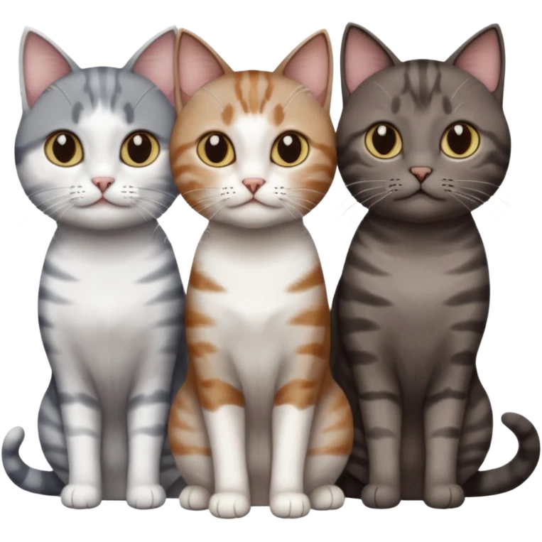 3 different coloured short haired cats including; a dark brown tabby and white cat, and a dark grey and white  emoji
