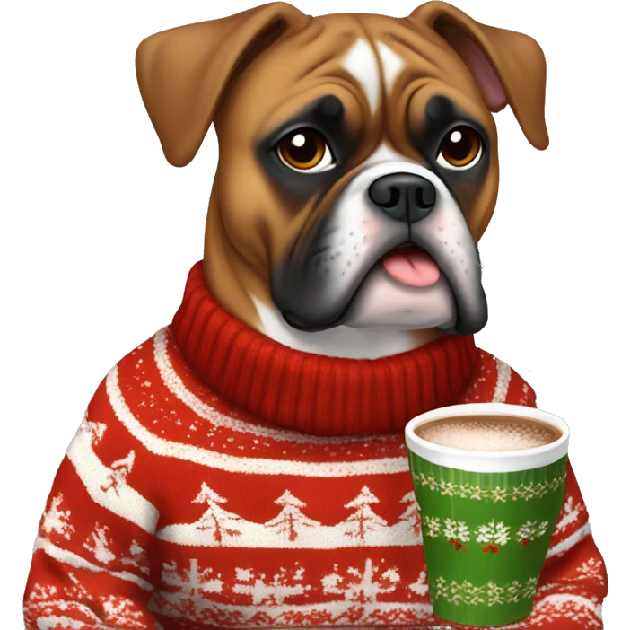 Chubby boxer dog in a festive christmas sweater drinking hot chocolate emoji