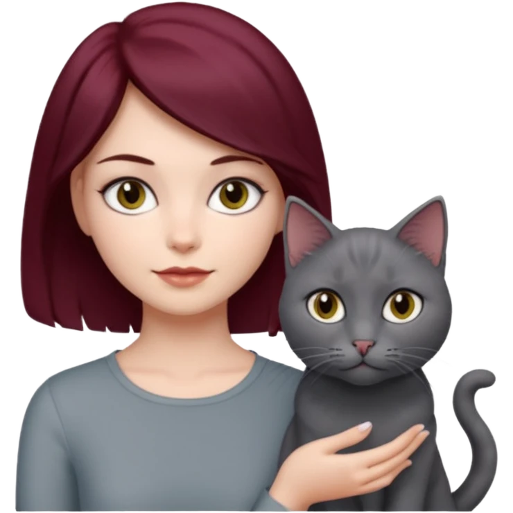femme au cheveux court bordeau, yeux gris,  avec chat poils longs gris clair et chat poils ras noirs emoji