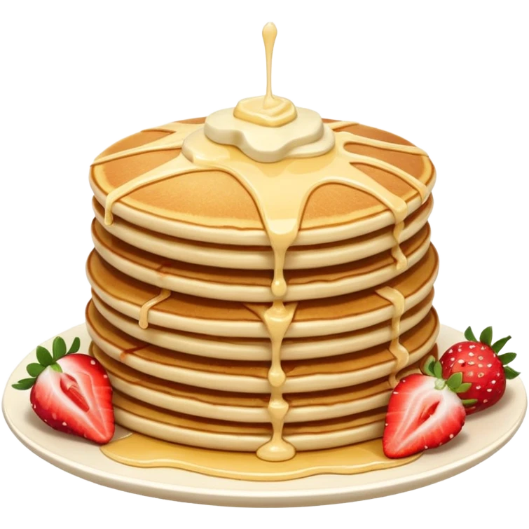 a stack of 3 pancakes with melted white chocolate drizzle on the top pancake and strawberries emoji