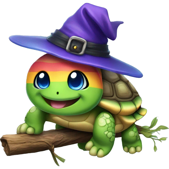 Kawaii rainbow turtle on witches broom emoji