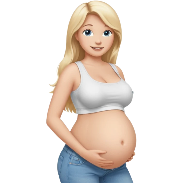 White girl, 18, long blonde hair, blue eyes, white crop top, jeans, huge pregnant belly, big boobs, side view, skinny, bare midriff, smiling emoji