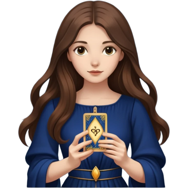 A girl with long hair, in a dark blue dress holds tarot cards in her hands emoji