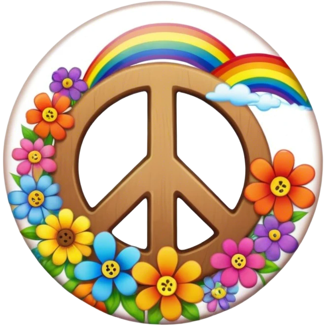 A round psychedelic colored button that says Peace with rainbow colored hippie style flowers emoji