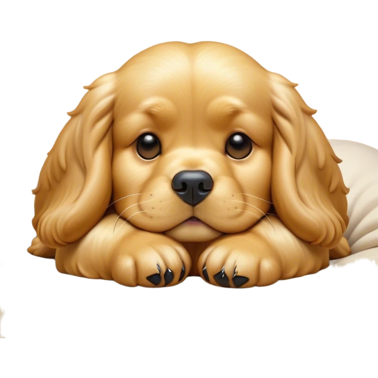 Cinematic Meme-Worthy Chubby Sleeping Gold Cocker Spaniel Portrait Emoji, Head resting peacefully with a contented smile, showcasing a delightfully chubby build and a luxuriously soft golden coat, eyes shut in a serene nap, Simplified yet hilariously adorable features, highly detailed, glowing with a soft, drowsy light, high shine, relaxed and utterly lovable, stylized with an air of playful laziness, bright and heartwarming, soft glowing outline, capturing the essence of a comically sleepy companion, so meme-worthy it feels like it could instantly become the next viral sensation of adorable slumber! emoji