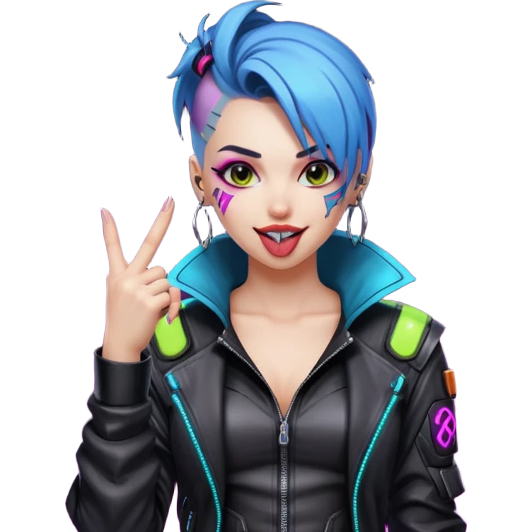Woman with her tongue out in cyberpunk clothing and giving the middle finger. Looking naughty. emoji