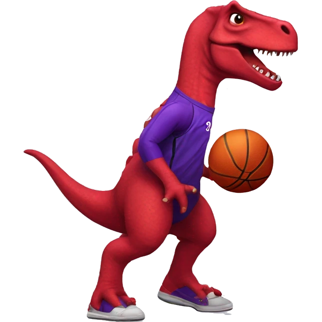 A red dinosaur wearing a purple jersey dribbling a basketball emoji