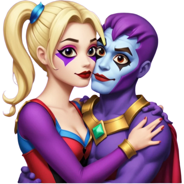 Harley quinn facing thanos, holding him tight while kissing him emoji