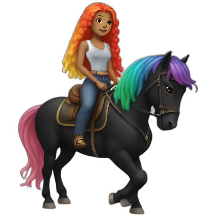 Woman with long log rainbow hair riding a black walking horse emoji