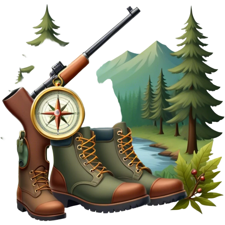 Icon for Hunting Tourism: a double-barrelled hunting rifle, hunting boots and a compass on a forest background, with a silhouette of wildlife in the distance. The icon should capture the adventure and connection with nature in hunting tourism. Transparent background. emoji