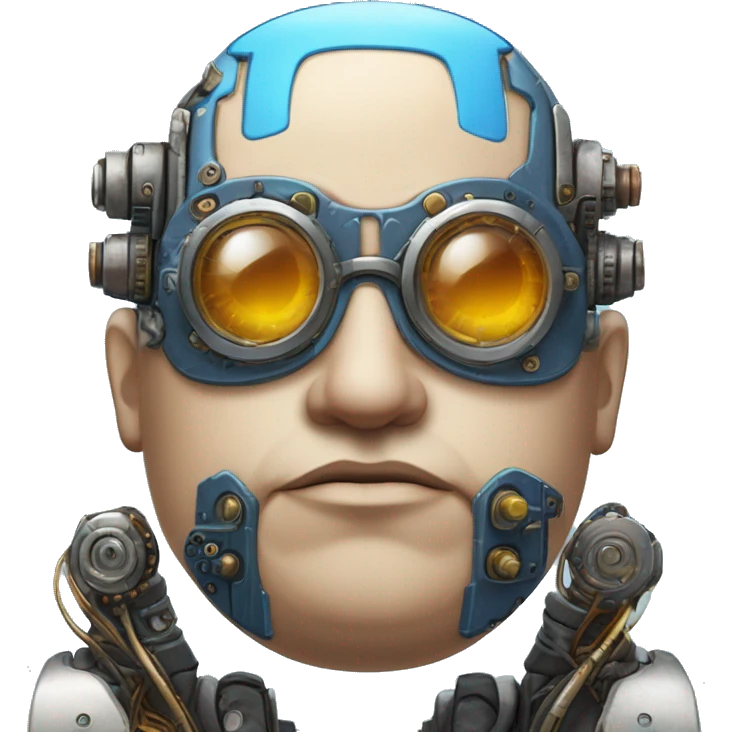 Fat bald cyborg head with tan skin, blue beard, blue steampunk goggles and circuits emoji