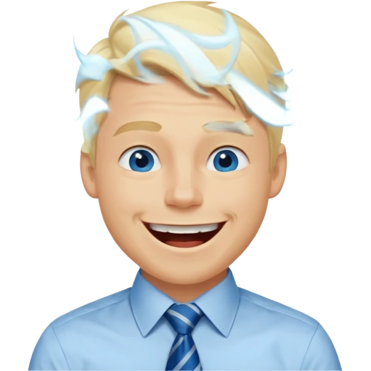 A 27 year old guy with blonde hair and blue eyes that looks masculine. make him wear a shirt with a tie. he is danish. He is laughing extremely hard. More extreme expression emoji