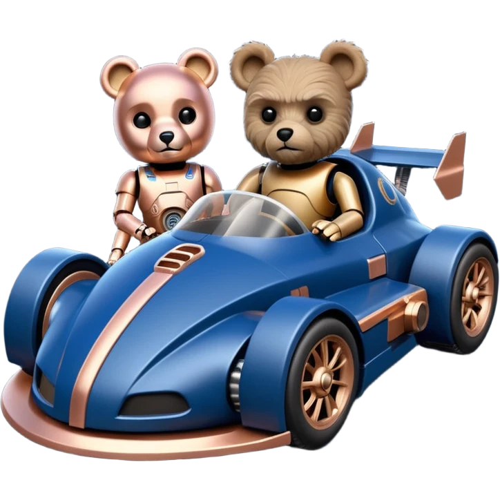  Space-weathered/Carbonized Metallic dark blue and rosegold-accented  racing car for furry-faced grey bearded evil alien scary robot teddy bear and passenger with custom aero body and rear spoiler (Star Wars style) emoji