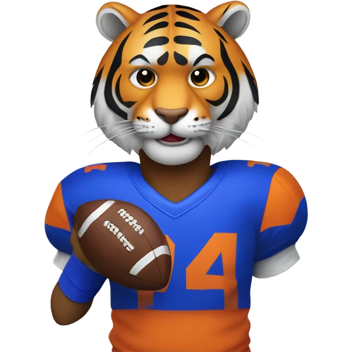 A tiger with a football and is wearing royal blue and orange emoji