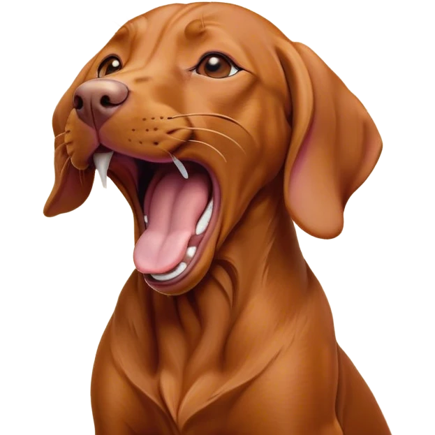 Cinematic Cute Yawning Vizsla Portrait Emoji, Head tilted slightly with a dramatic, wide-open yawn, showcasing a smooth rust and gold Fur with a subtle shimmer, floppy ears slightly drooping, round amber eyes barely open in drowsy contentment, Simplified yet irresistibly adorable features, highly detailed, glowing with a soft, cozy glow, high shine, relaxed yet expressive, stylized with a touch of whimsy, bright and endearing, soft glowing outline, capturing the essence of a sleepy yet affectionate companion, so drowsy it feels like it could stretch out of the screen and curl up for a nap! emoji