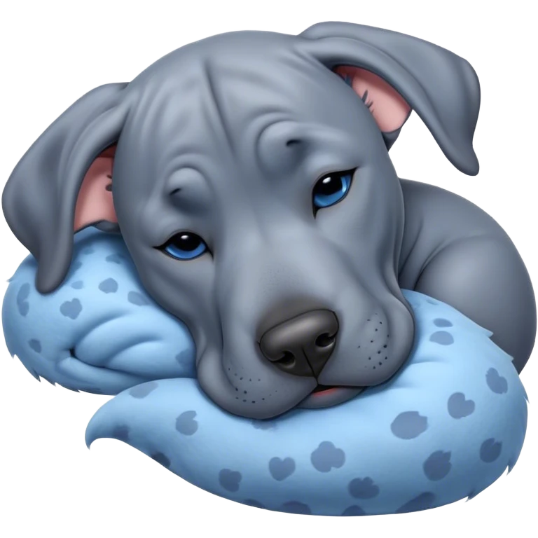 Meme-Worthy Cute Sleeping Blue Great Dane Portrait Emoji, Head resting peacefully with a contented smile, showcasing a delightfully massive build and a luxuriously soft blue Fur, eyes shut in a serene nap, Simplified yet hilariously adorable features, highly detailed, glowing with a soft, drowsy light, high shine, relaxed and utterly lovable, stylized with an air of playful laziness, bright and heartwarming, soft glowing outline, capturing the essence of a comically sleepy guardian, so meme-worthy it feels like it could instantly become the next viral sensation of adorable slumber! emoji