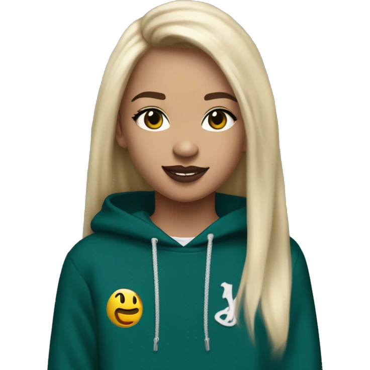 14 year old with long light blonde hair, middle part, chin length curtain bangs, smirking smile, dark teal eyes, long black eyelashes, wears a mulberry hoodie, black leggings, mulberry converse, black pearl earrings, wears a silver cancer sign necklace. emoji