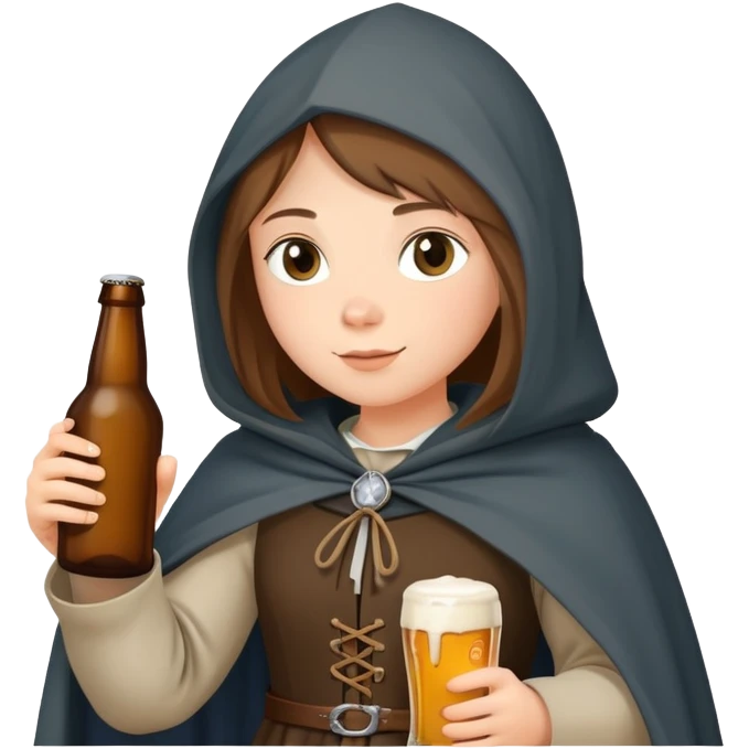 young female medieval pilgrim with cloak and beer bottle emoji
