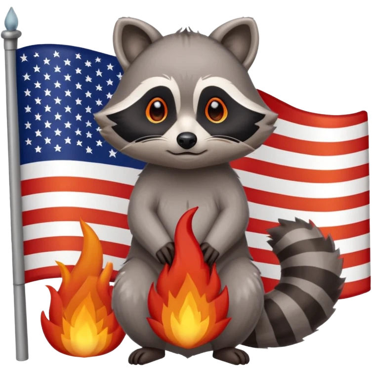 Sad raccoon standing in front of an American flag on fire emoji