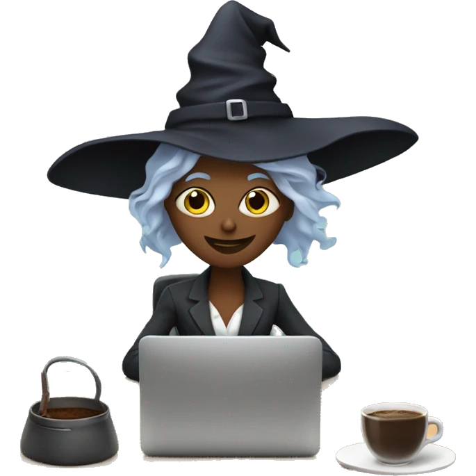 witch who works an office job with a computer and a coffee emoji