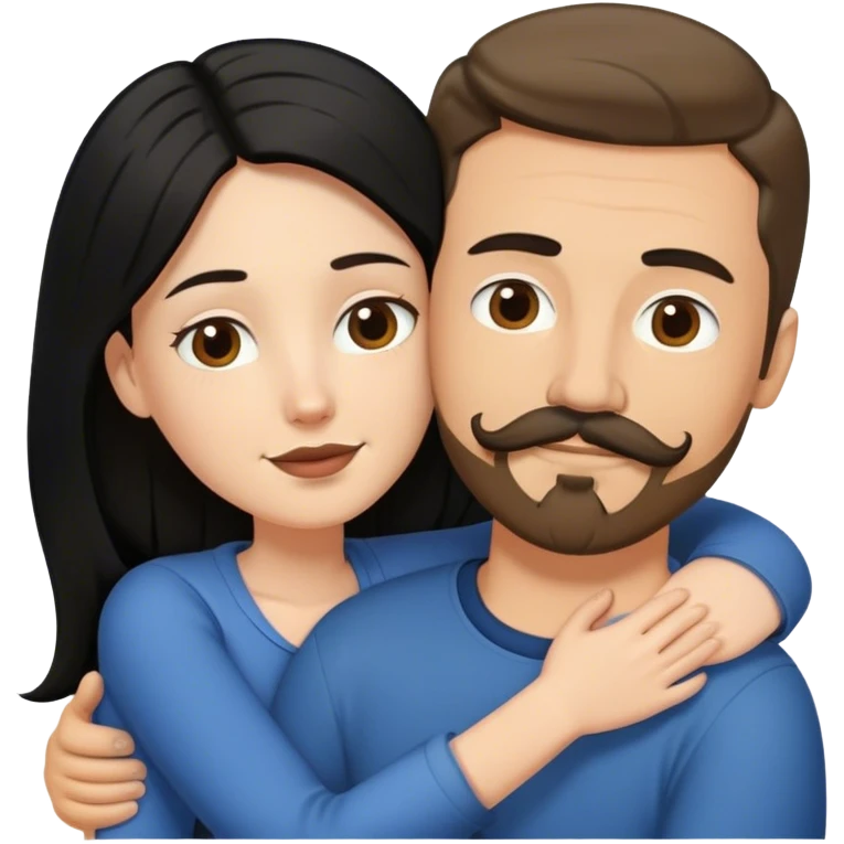 a short white girl with long black hair hugging a tall white guy with brown hair goatee mustache emoji