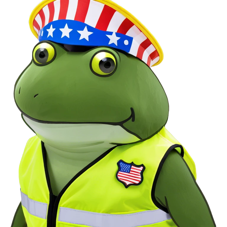 Jennifer Aniston is a construction worker wearing a patriotic dress with a neon yellow safety vest over the dress. she also has a hard hat and a patriotic patch on the vest emoji