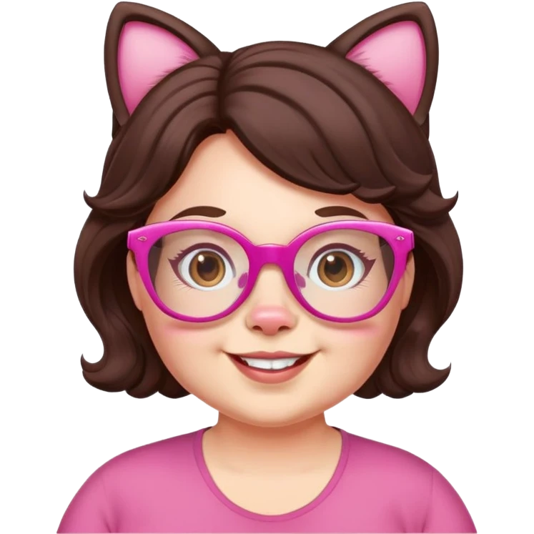 happy chubby English teacher face, pink cat glasses, wavy dark brown hair, online class setting emoji