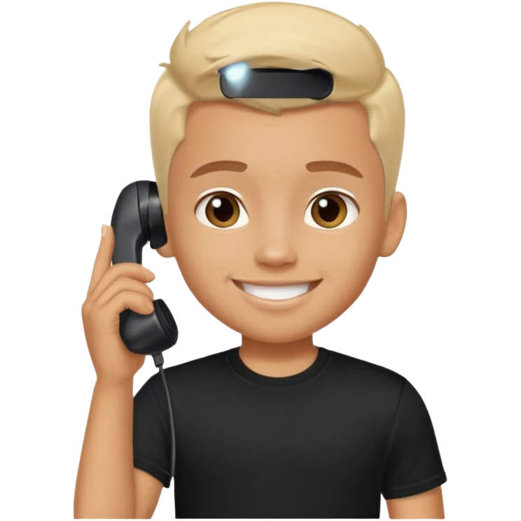 generate a pretty tan bratz boy smiling while talking on call. Wearing a black tshirt emoji