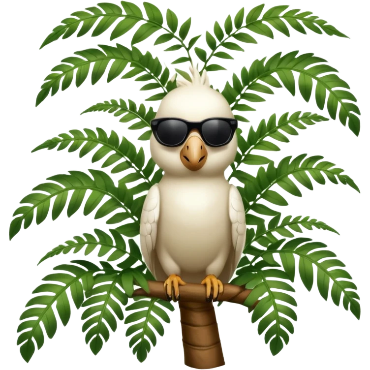 sulfer crested cockatoo wearing sunglasses sitting in a green fern tree with an australian street sign sitting infront of it saying welcome to cockatoo emoji