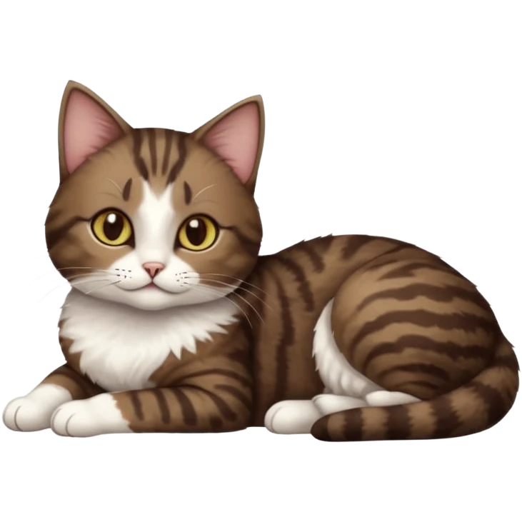 full body tiny short hair dark brown and white cat with hazel eyes lying down emoji