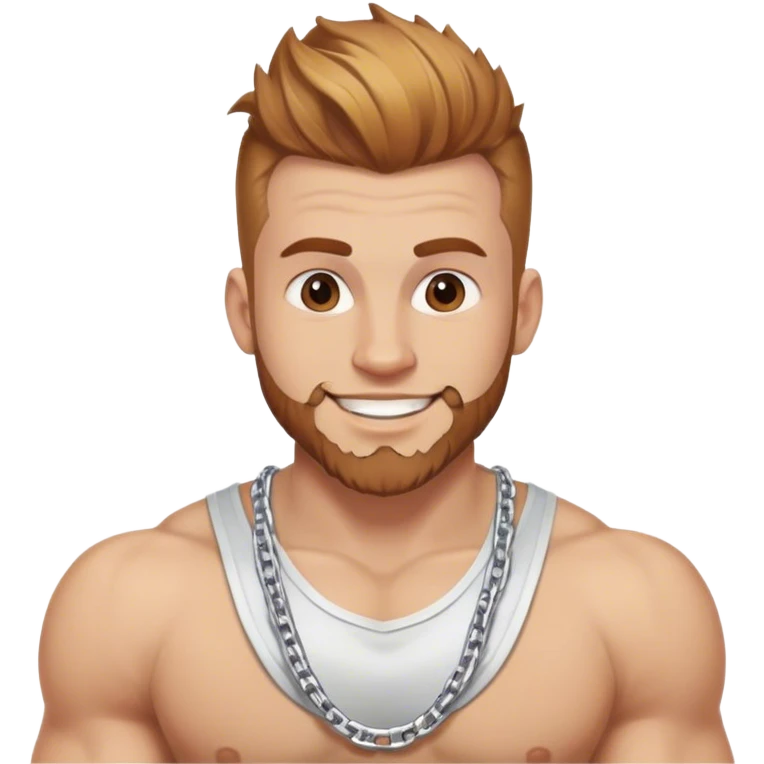 Happy muscular 28 year old man with silver chain. Has light brown hair that has and reddish blond  highlights, and a fauxhawk with trimmed beard cleaning emoji