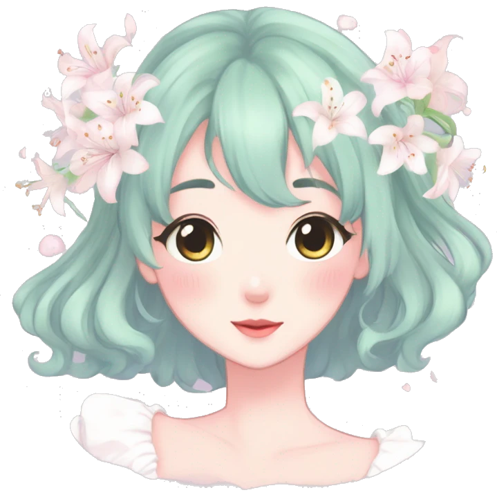 Gorgeous pastel anime style lady with blushing face and lilies cottagecore fairycore pastelcore colorful pearly romantic simplistic aesthetic trending style emoji