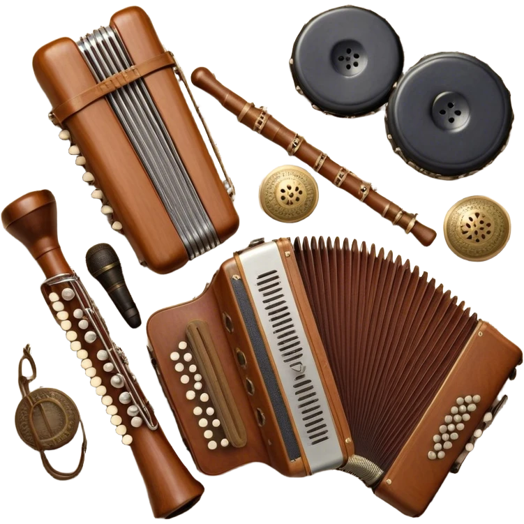 Create a colorful and cultural humanless emoji representing folk singing. The design should feature a collage of traditional folk instruments, such as a wooden flute (dudka), a button accordion (harmon), a set of gusli, and a tambourine (buben), all arranged in a harmonious, flowing design around a vintage microphone. The instruments should have earthy, natural tones like wood browns, brass accents, and vibrant colors reflecting their folk origins. Add subtle musical notes to tie the elements together, symbolizing the power of folk music. The background should be transparent. emoji