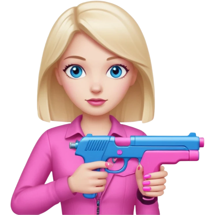 White Girl hand pink nails holding pink gun with blue eyes emoji