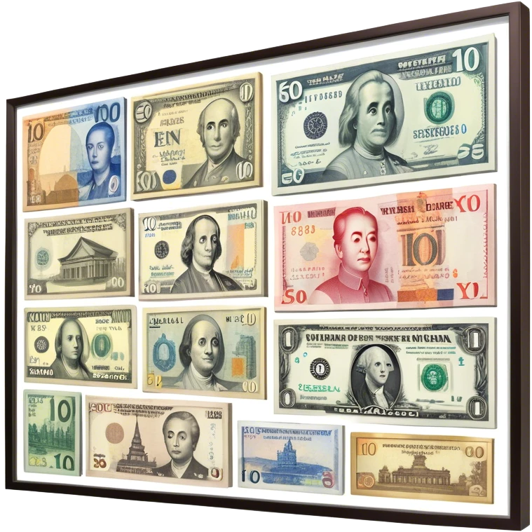 Icon for Banknote Collecting: old and new banknotes from different countries such as Euro, Dollar, Yen, Krona, Yuan, and others, displayed in frames on a wall. The icon should evoke the diversity and richness of currency collection. Transparent background. emoji
