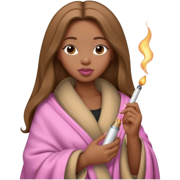 Curvy, light brown long hair, pretty black girl light pink lipgloss wrapped in blanket holding a lighter and brown cigarette  emoji