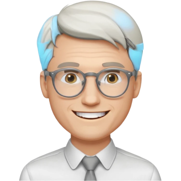 30 yr old pale white man, white/grey side swept stylish hair, round glasses, big smile, white teeth, handsome, longer hair, thin glasses, white dress shirt, smooth forhead emoji
