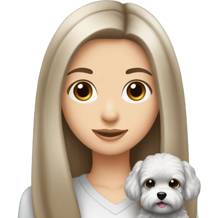 Caucasian Brunette girl long straight hair and hazel eyes holding a silver maltipoo emoji