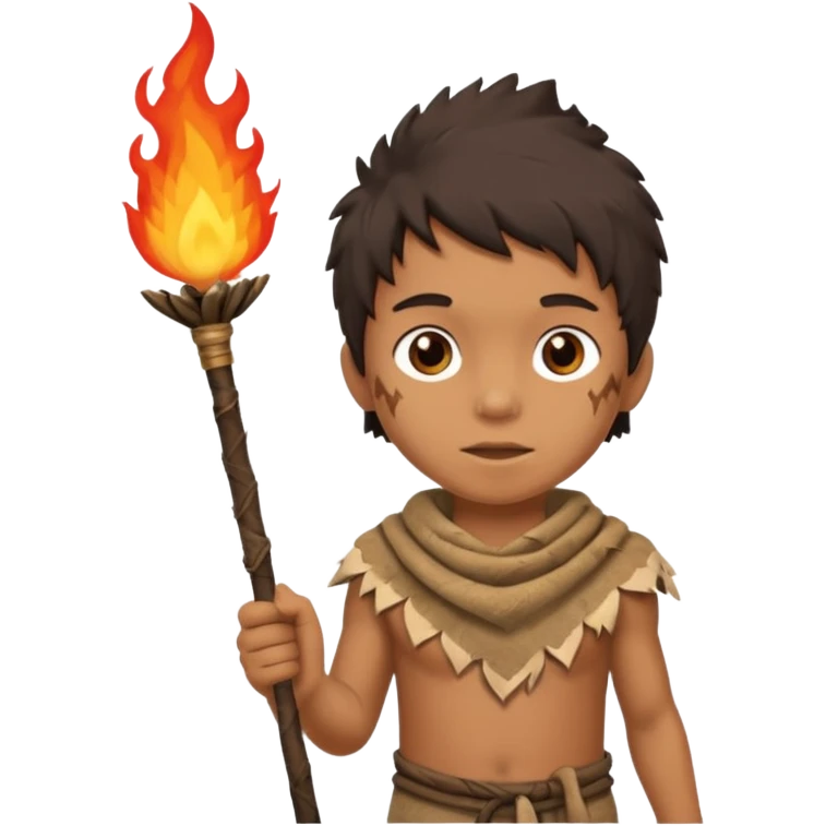 ancient boy, tattered animal skin cloth, hold fire stick emoji