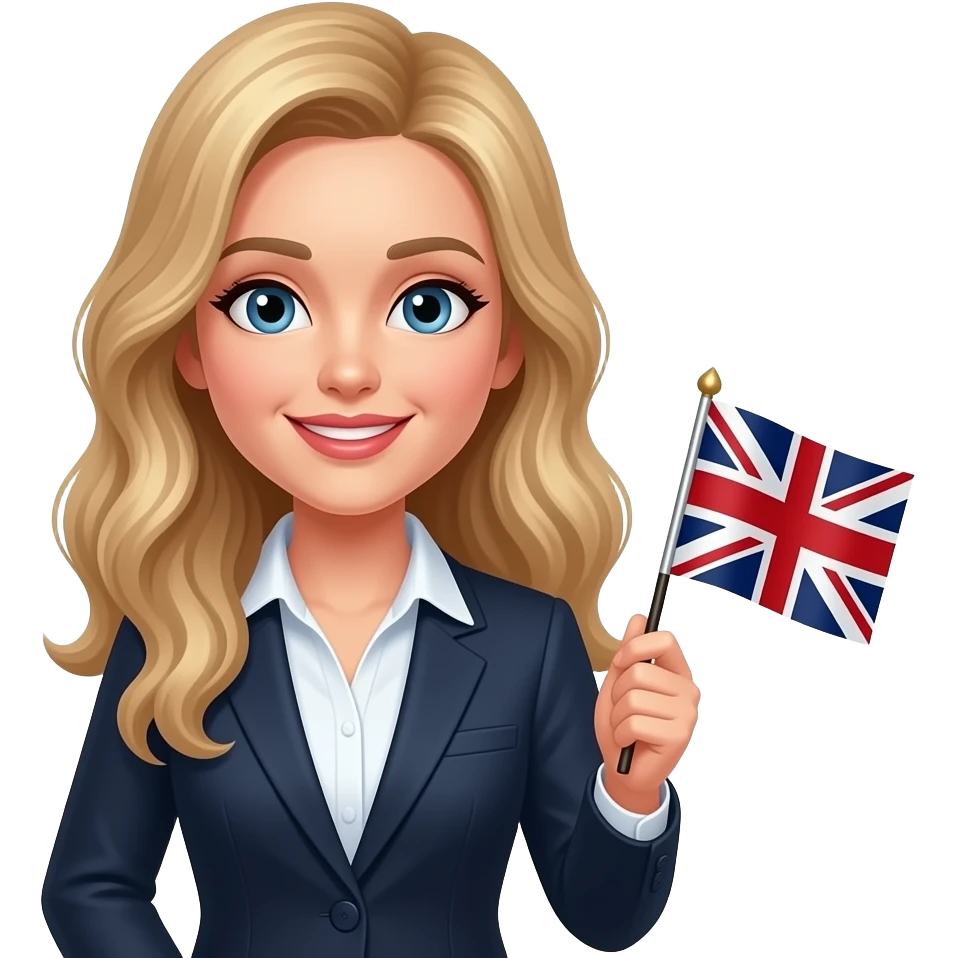 a teacher with long wavy blond hair with the usa and british flag in the right hand emoji